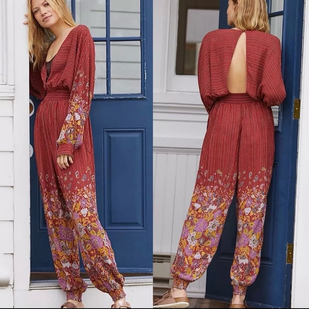 Anthropologie Open Back Romper Jumpsuit Red Floral - Size S